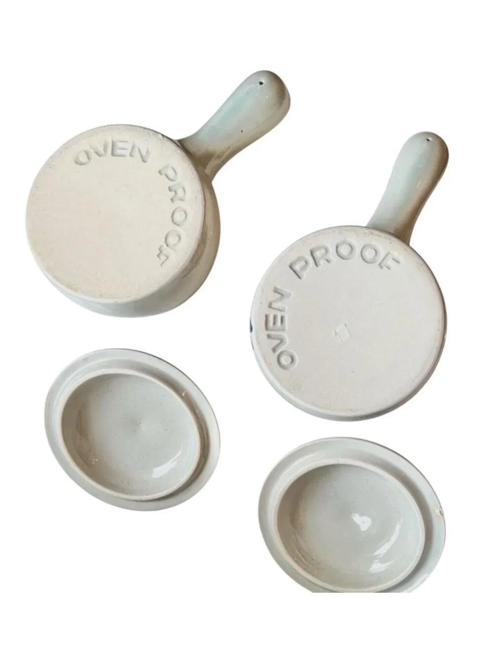 Ceramic Soup Bowls Lids & Handles Speckled Gray Blue Floral Ovenproof Set Of 2